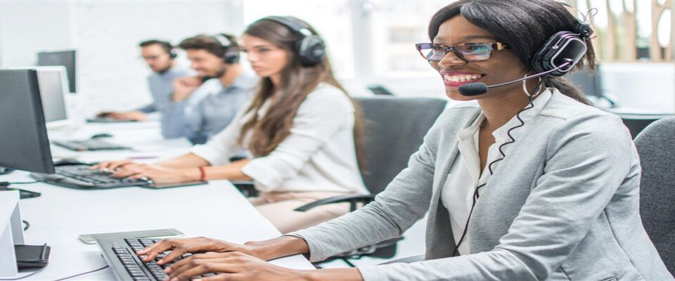 Woman smiling on headset